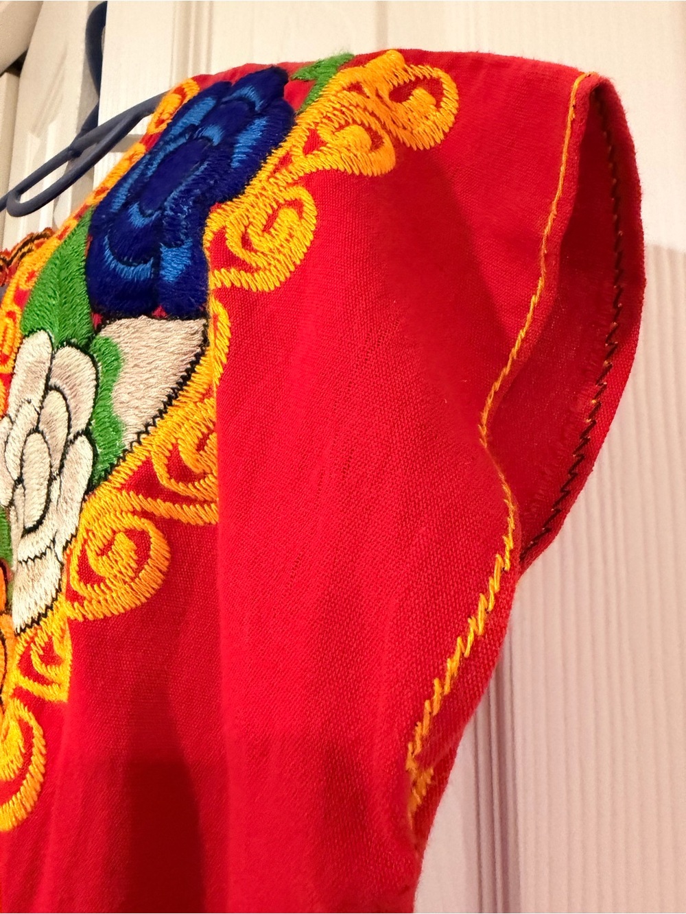 Mexican Embroidered Blouse Red Floral V-Neck Women's Top - Picture 4 of 7